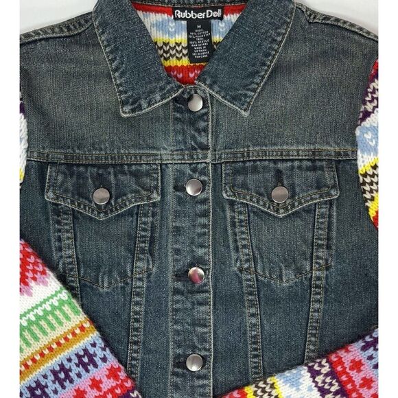 Rubber Doll Jean Jacket‎ Denim Crochet Multi Color Sleeves Size Medium - Picture 4 of 5
